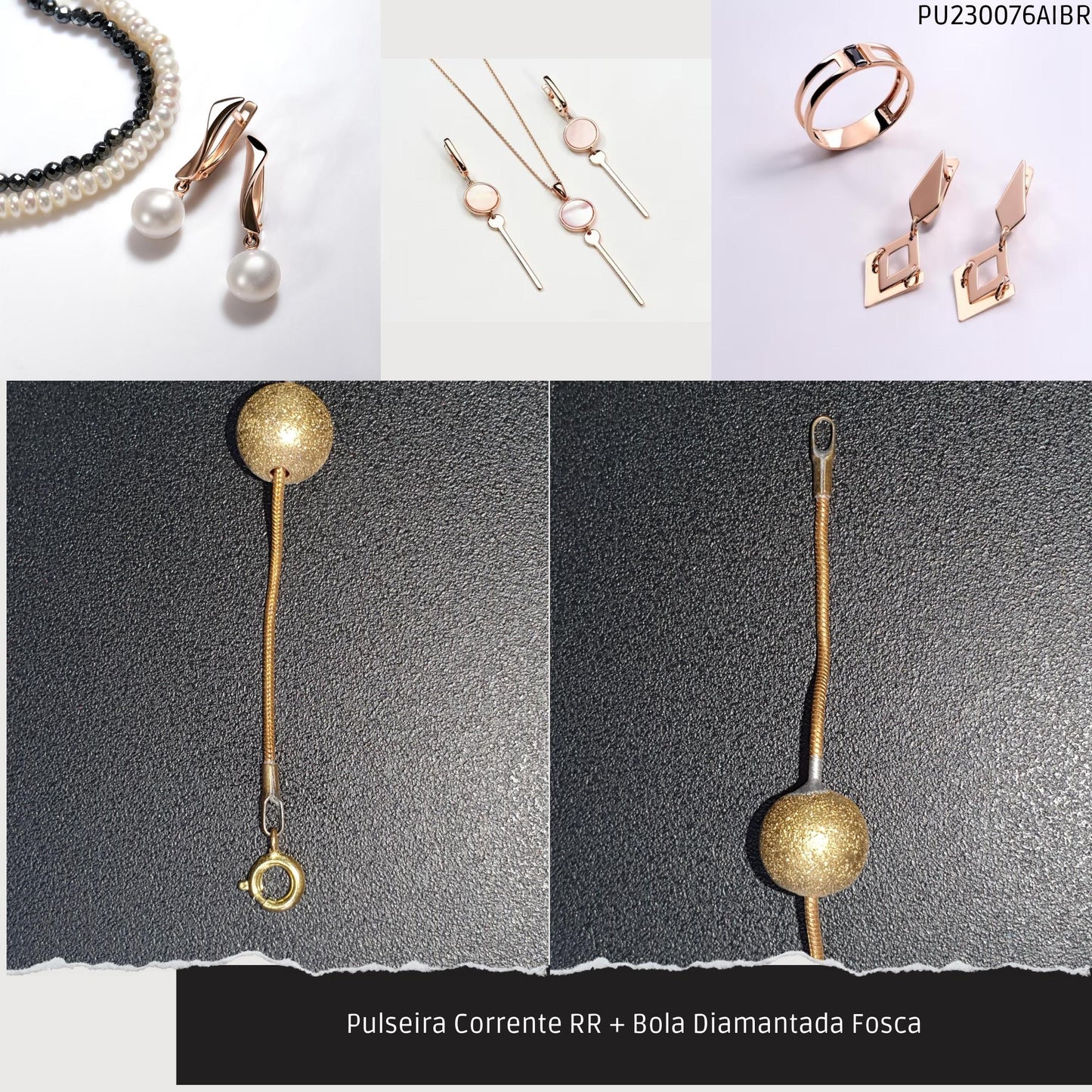 Pulseira Corrente RR + Bola Diamantada Fosca  - Código.: PU230076AIBR  - Peso.: 4.7 gr