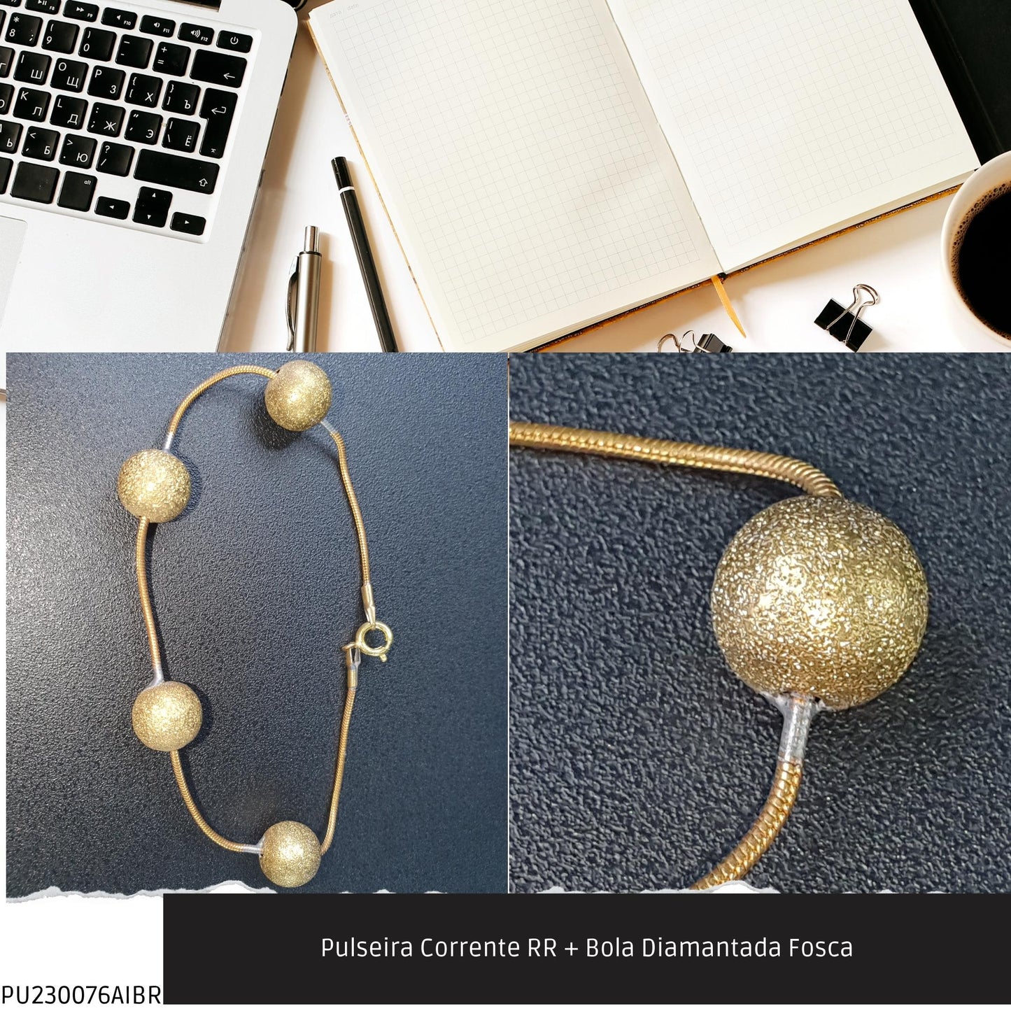 Pulseira Corrente RR + Bola Diamantada Fosca  - Código.: PU230076AIBR  - Peso.: 4.7 gr