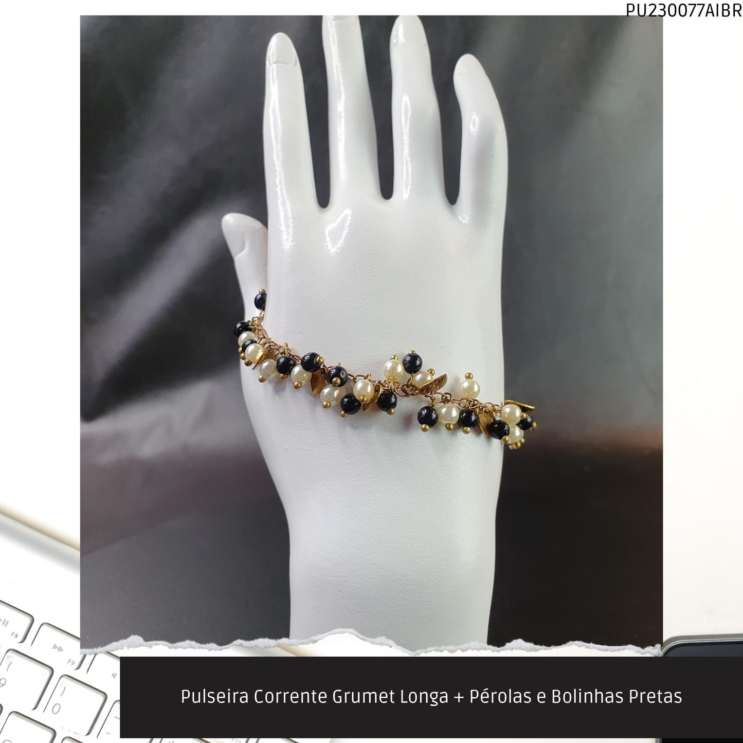 Pulseira Corrente Grumet Longa + Pérolas e Bolinhas Pretas  - Código.: PU230077AIBR  - Peso.: 8.4 gr