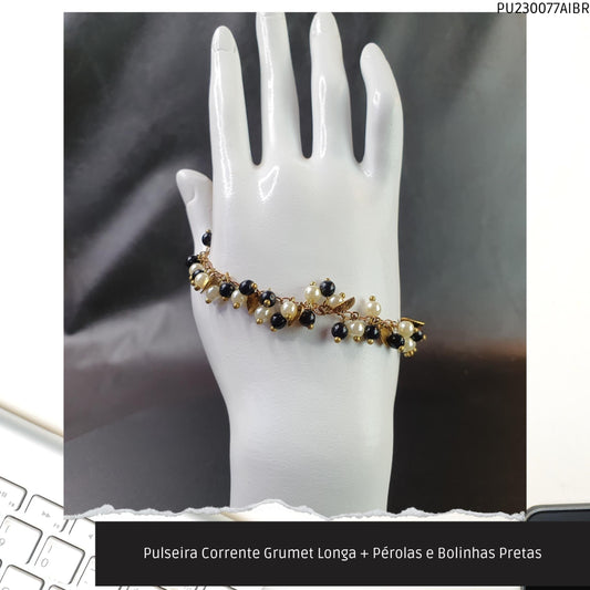 Pulseira Corrente Grumet Longa + Pérolas e Bolinhas Pretas  - Código.: PU230077AIBR  - Peso.: 8.4 gr