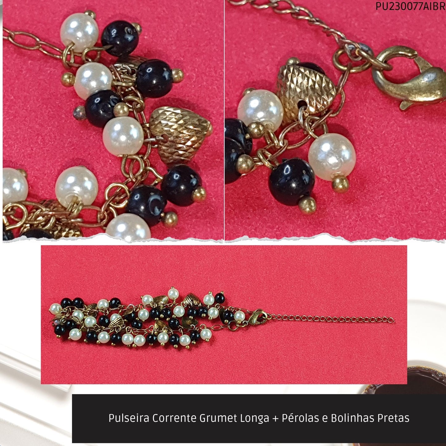 Pulseira Corrente Grumet Longa + Pérolas e Bolinhas Pretas  - Código.: PU230077AIBR  - Peso.: 8.4 gr