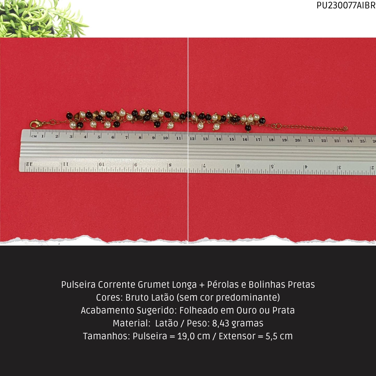 Pulseira Corrente Grumet Longa + Pérolas e Bolinhas Pretas  - Código.: PU230077AIBR  - Peso.: 8.4 gr
