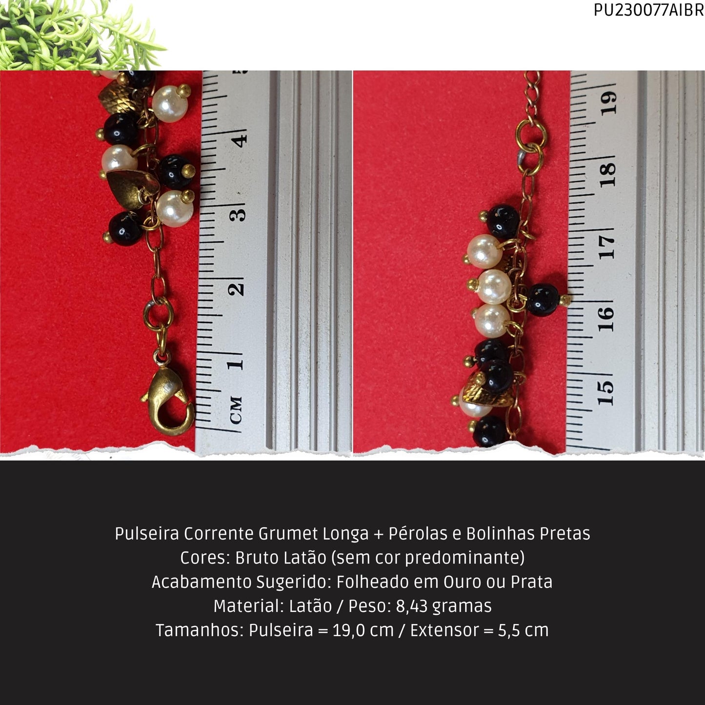 Pulseira Corrente Grumet Longa + Pérolas e Bolinhas Pretas  - Código.: PU230077AIBR  - Peso.: 8.4 gr