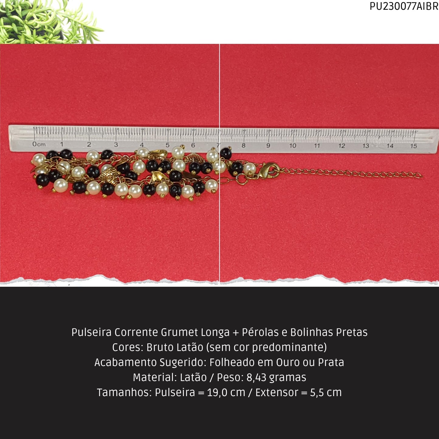 Pulseira Corrente Grumet Longa + Pérolas e Bolinhas Pretas  - Código.: PU230077AIBR  - Peso.: 8.4 gr