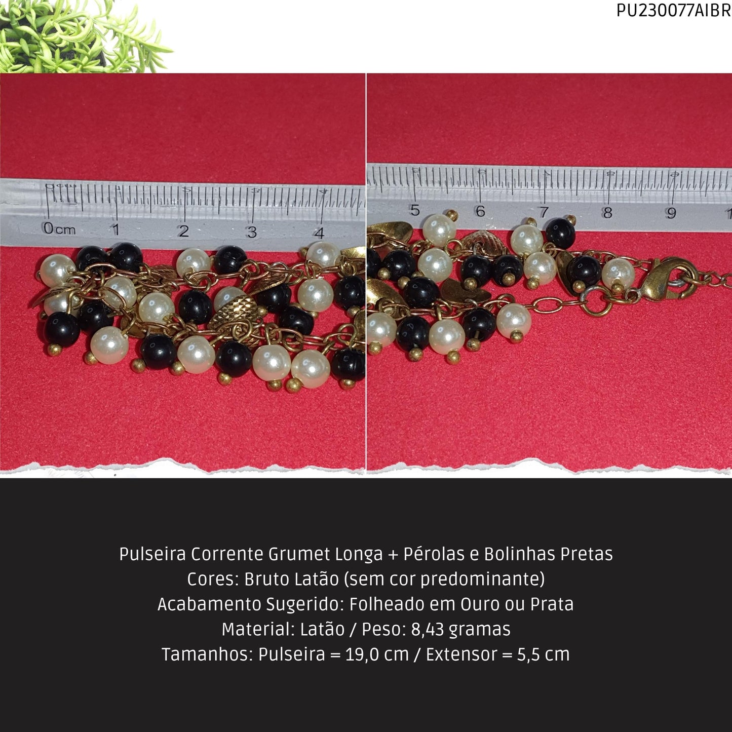 Pulseira Corrente Grumet Longa + Pérolas e Bolinhas Pretas  - Código.: PU230077AIBR  - Peso.: 8.4 gr