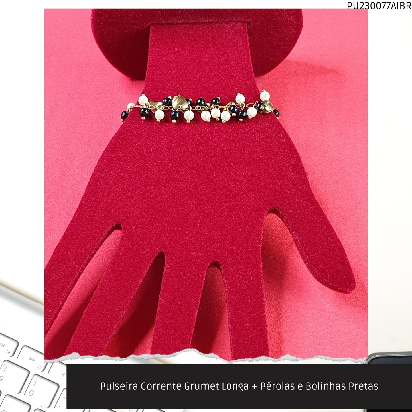 Pulseira Corrente Grumet Longa + Pérolas e Bolinhas Pretas  - Código.: PU230077AIBR  - Peso.: 8.4 gr