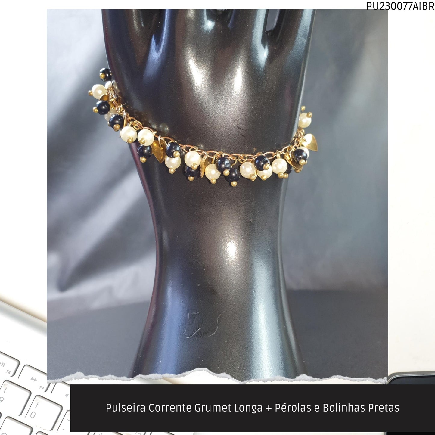 Pulseira Corrente Grumet Longa + Pérolas e Bolinhas Pretas  - Código.: PU230077AIBR  - Peso.: 8.4 gr