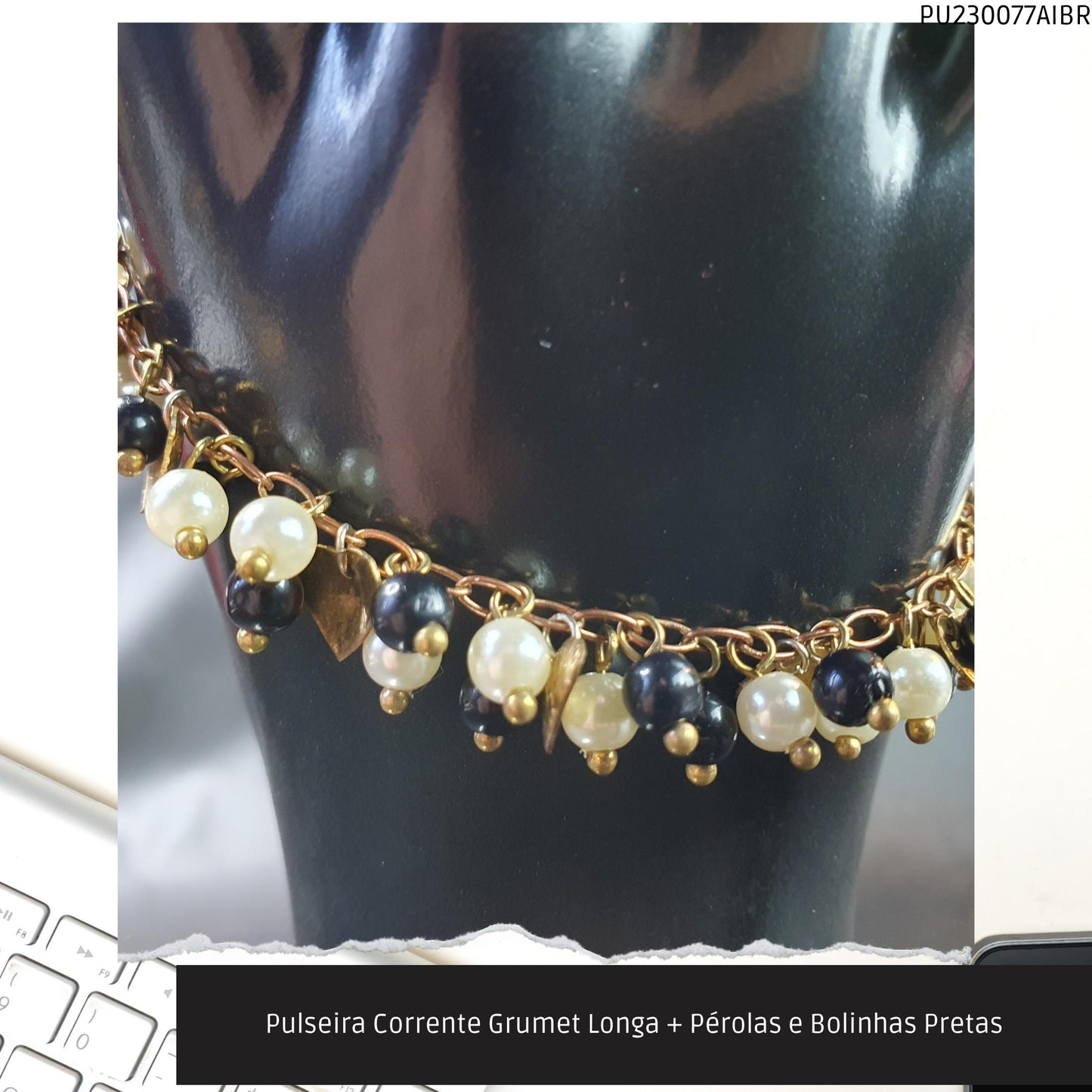 Pulseira Corrente Grumet Longa + Pérolas e Bolinhas Pretas  - Código.: PU230077AIBR  - Peso.: 8.4 gr