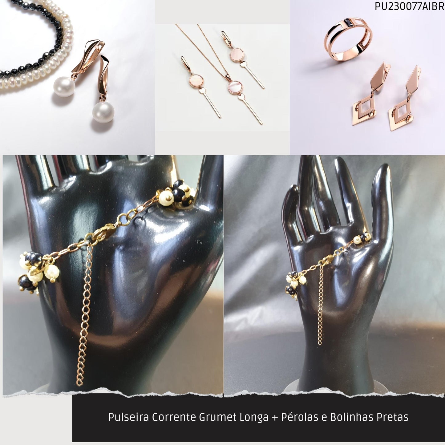 Pulseira Corrente Grumet Longa + Pérolas e Bolinhas Pretas  - Código.: PU230077AIBR  - Peso.: 8.4 gr