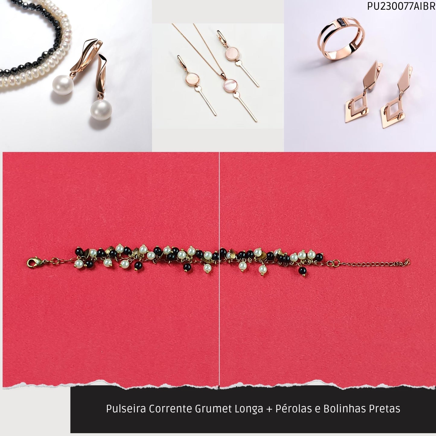 Pulseira Corrente Grumet Longa + Pérolas e Bolinhas Pretas  - Código.: PU230077AIBR  - Peso.: 8.4 gr