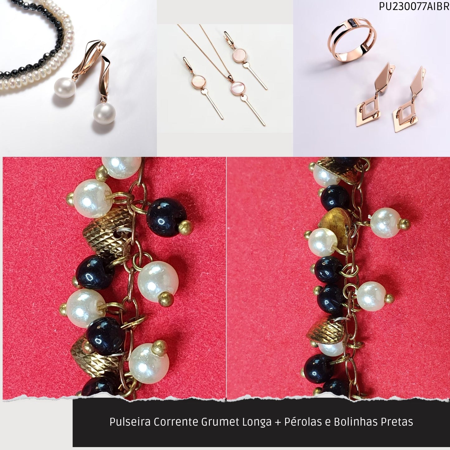 Pulseira Corrente Grumet Longa + Pérolas e Bolinhas Pretas  - Código.: PU230077AIBR  - Peso.: 8.4 gr
