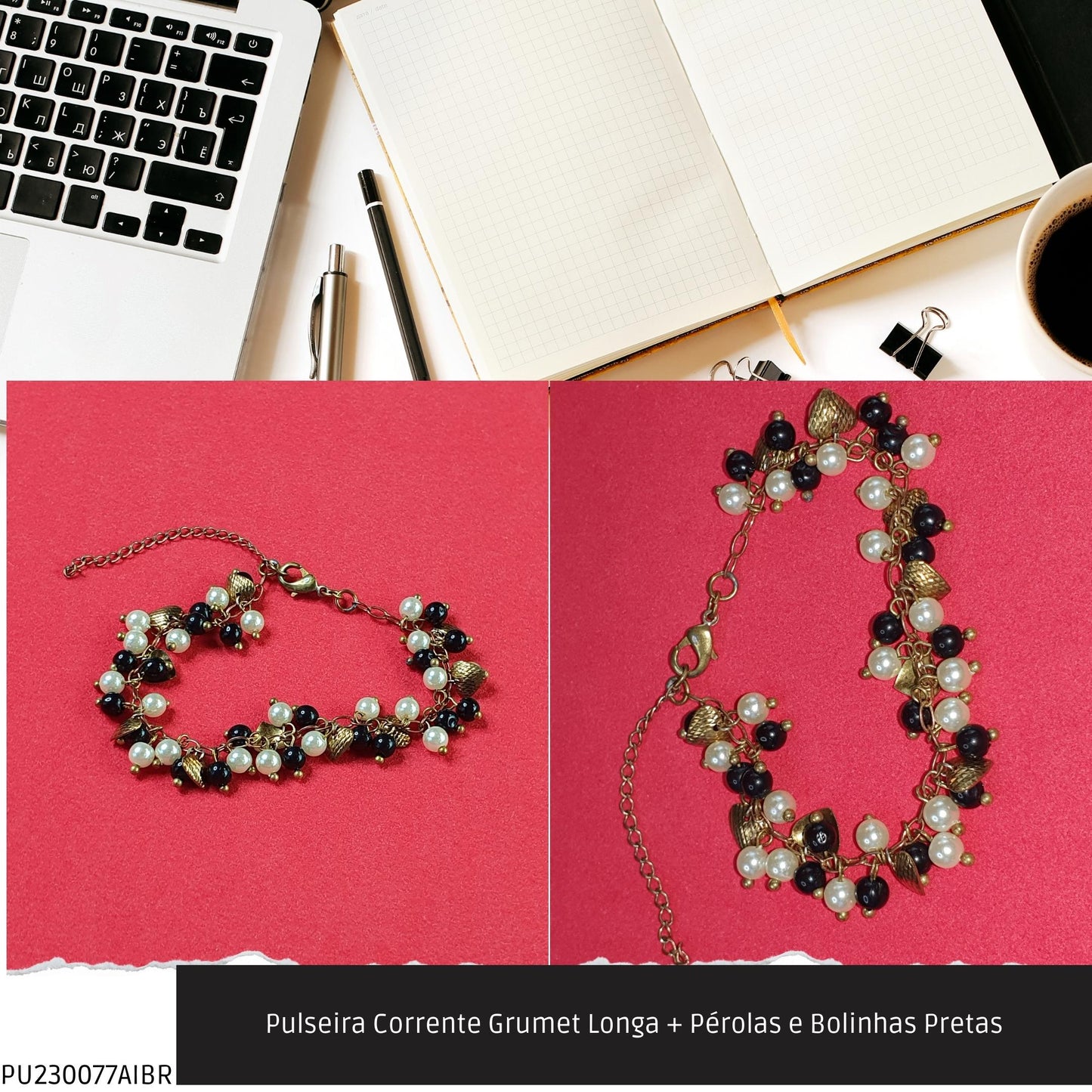 Pulseira Corrente Grumet Longa + Pérolas e Bolinhas Pretas  - Código.: PU230077AIBR  - Peso.: 8.4 gr