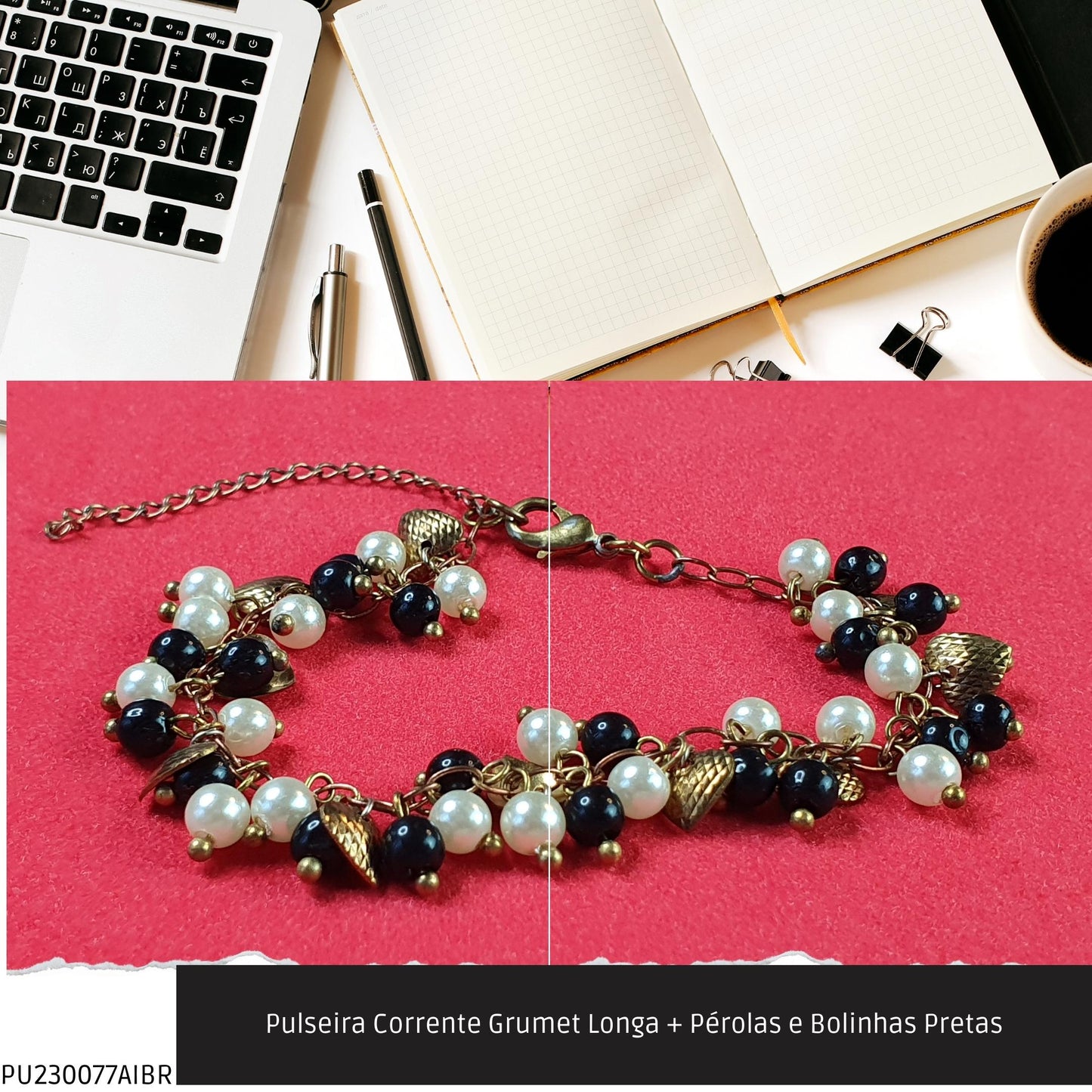Pulseira Corrente Grumet Longa + Pérolas e Bolinhas Pretas  - Código.: PU230077AIBR  - Peso.: 8.4 gr