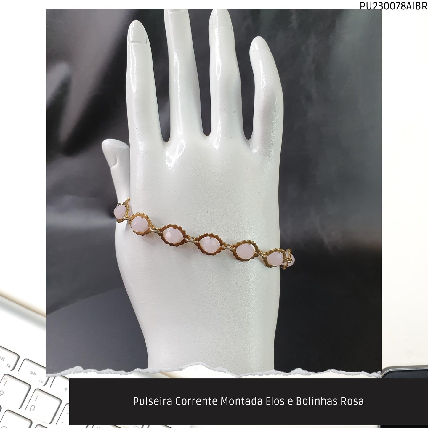 Pulseira Corrente Montada Elos e Bolinhas Rosa  - Código.: PU230078AIBR  - Peso.: 7.9 gr