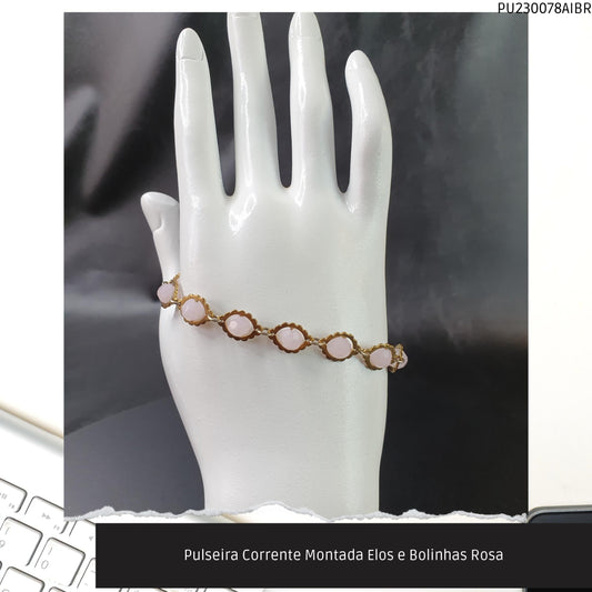 Pulseira Corrente Montada Elos e Bolinhas Rosa  - Código.: PU230078AIBR  - Peso.: 7.9 gr