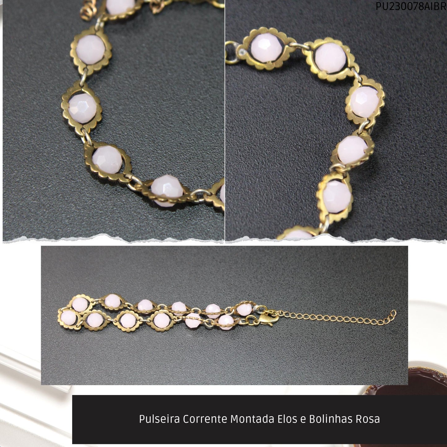 Pulseira Corrente Montada Elos e Bolinhas Rosa  - Código.: PU230078AIBR  - Peso.: 7.9 gr