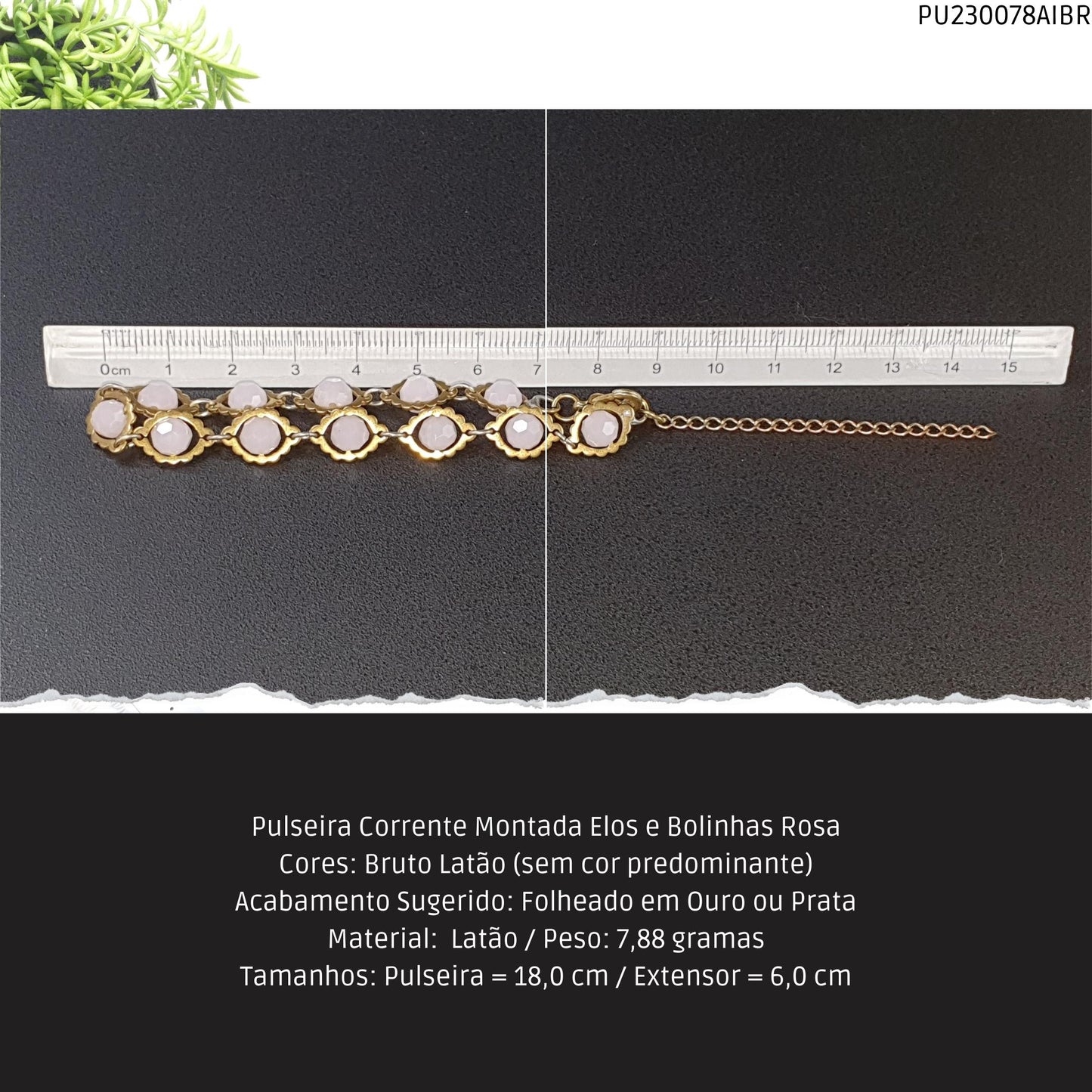 Pulseira Corrente Montada Elos e Bolinhas Rosa  - Código.: PU230078AIBR  - Peso.: 7.9 gr