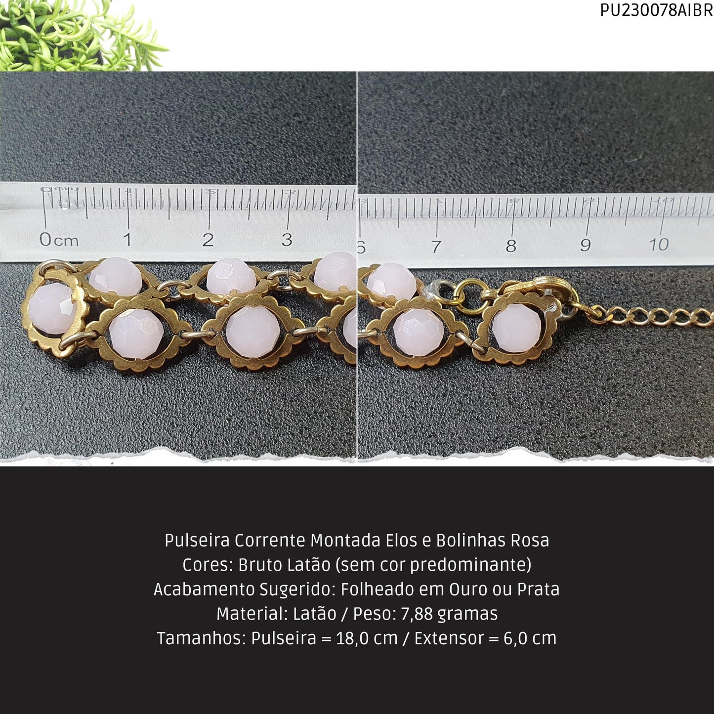 Pulseira Corrente Montada Elos e Bolinhas Rosa  - Código.: PU230078AIBR  - Peso.: 7.9 gr