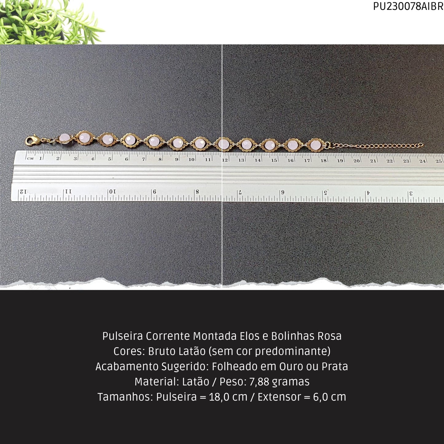 Pulseira Corrente Montada Elos e Bolinhas Rosa  - Código.: PU230078AIBR  - Peso.: 7.9 gr