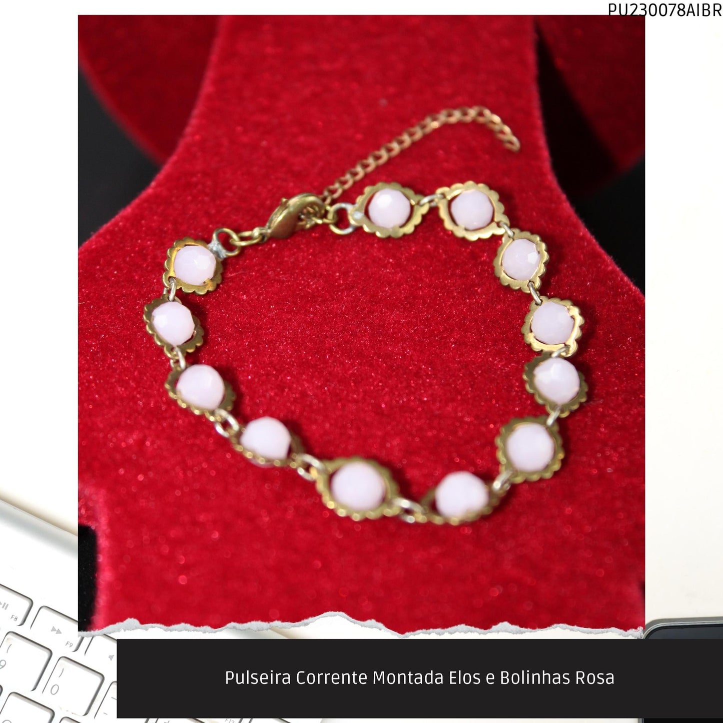 Pulseira Corrente Montada Elos e Bolinhas Rosa  - Código.: PU230078AIBR  - Peso.: 7.9 gr