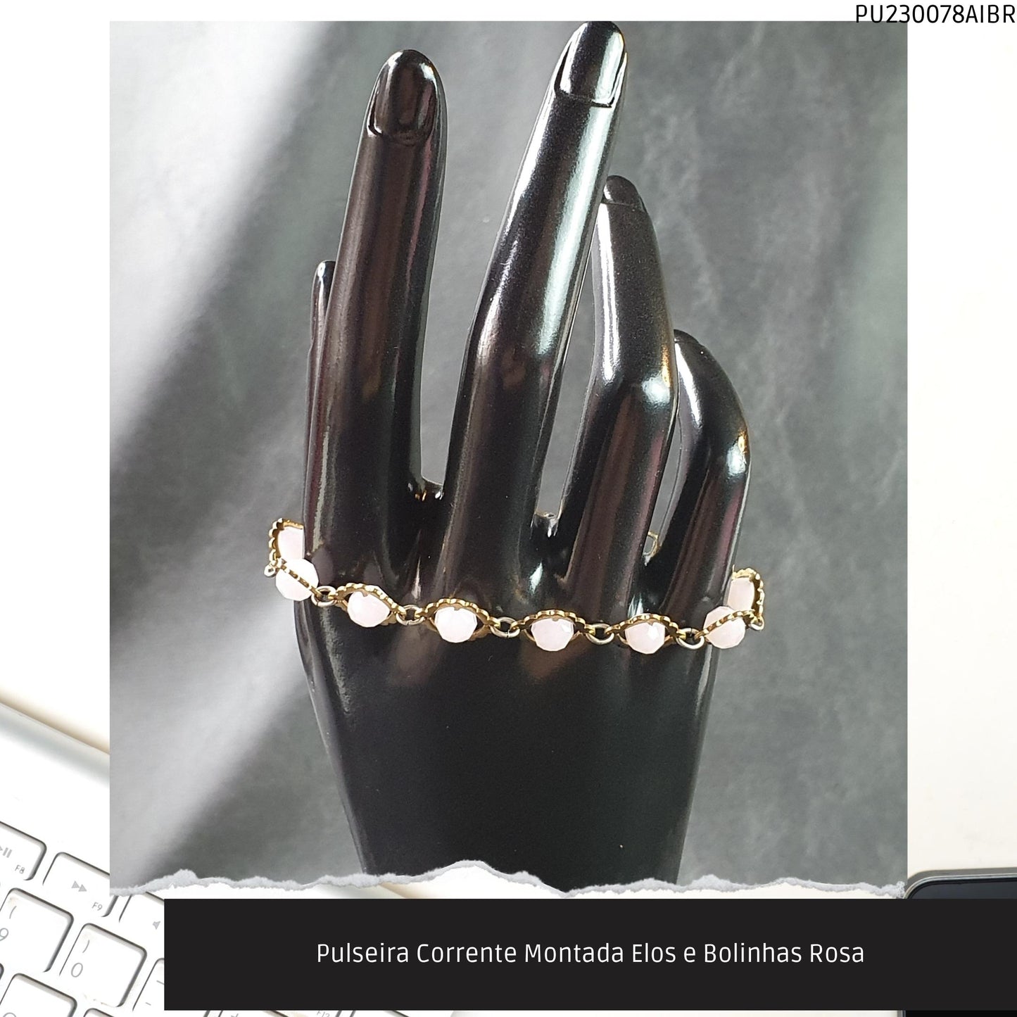 Pulseira Corrente Montada Elos e Bolinhas Rosa  - Código.: PU230078AIBR  - Peso.: 7.9 gr