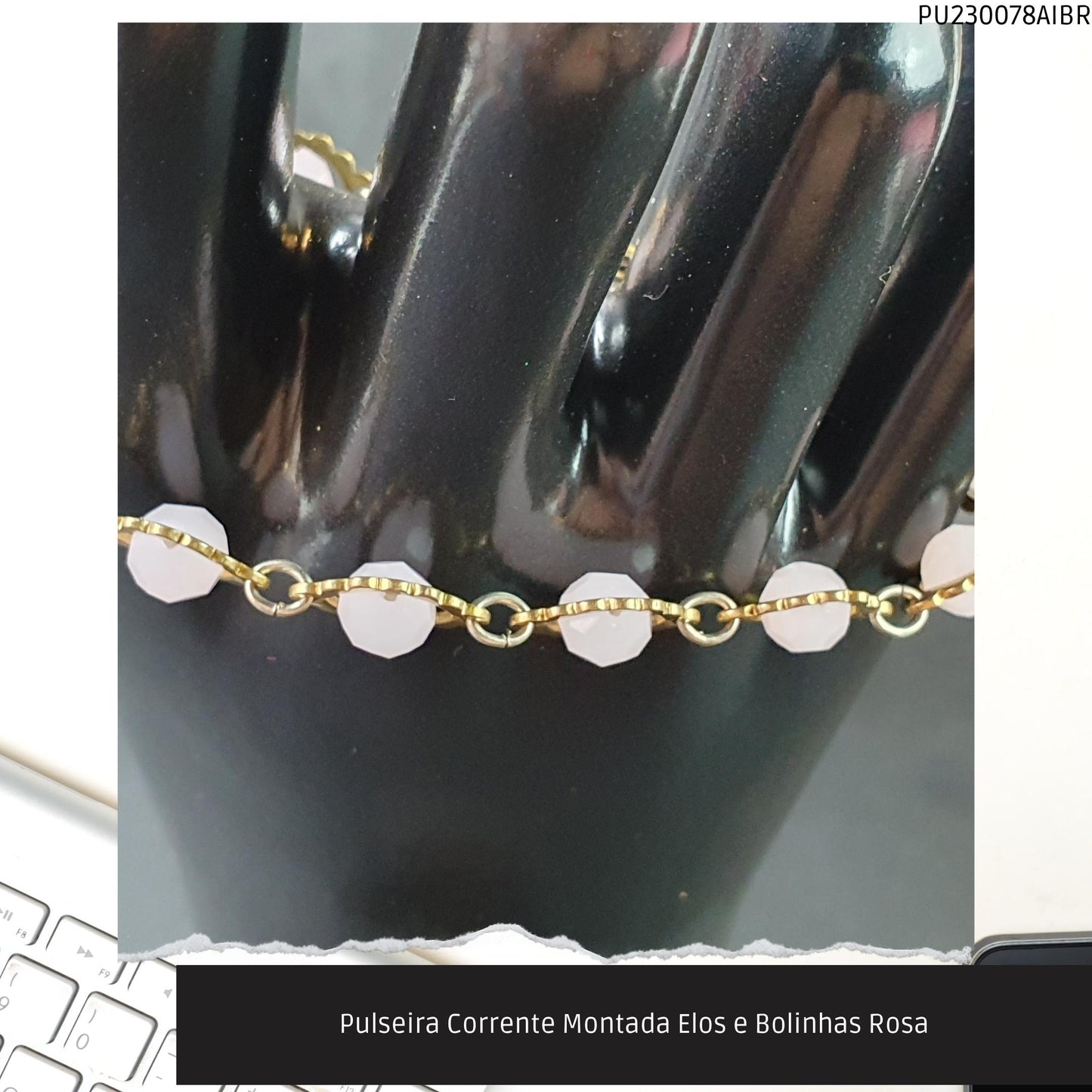 Pulseira Corrente Montada Elos e Bolinhas Rosa  - Código.: PU230078AIBR  - Peso.: 7.9 gr