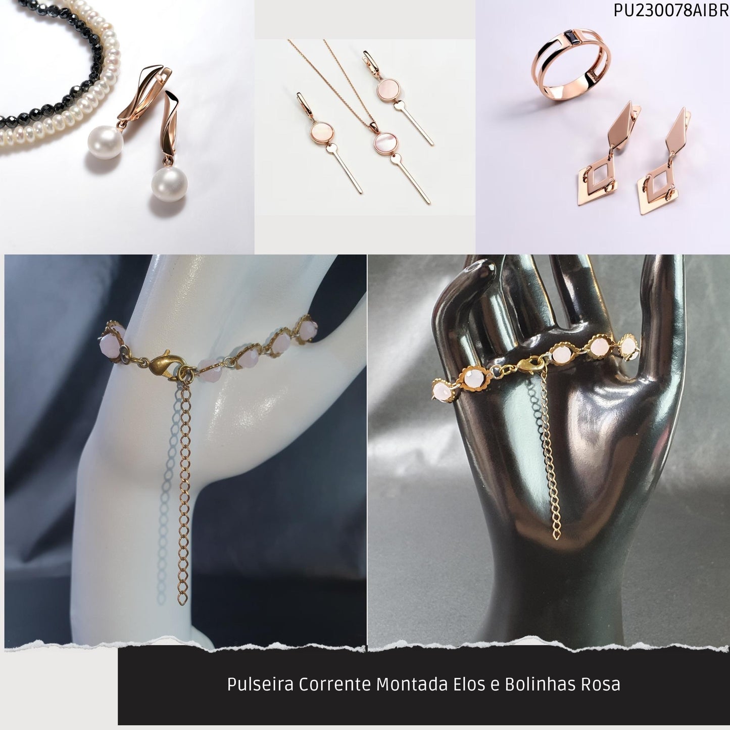 Pulseira Corrente Montada Elos e Bolinhas Rosa  - Código.: PU230078AIBR  - Peso.: 7.9 gr