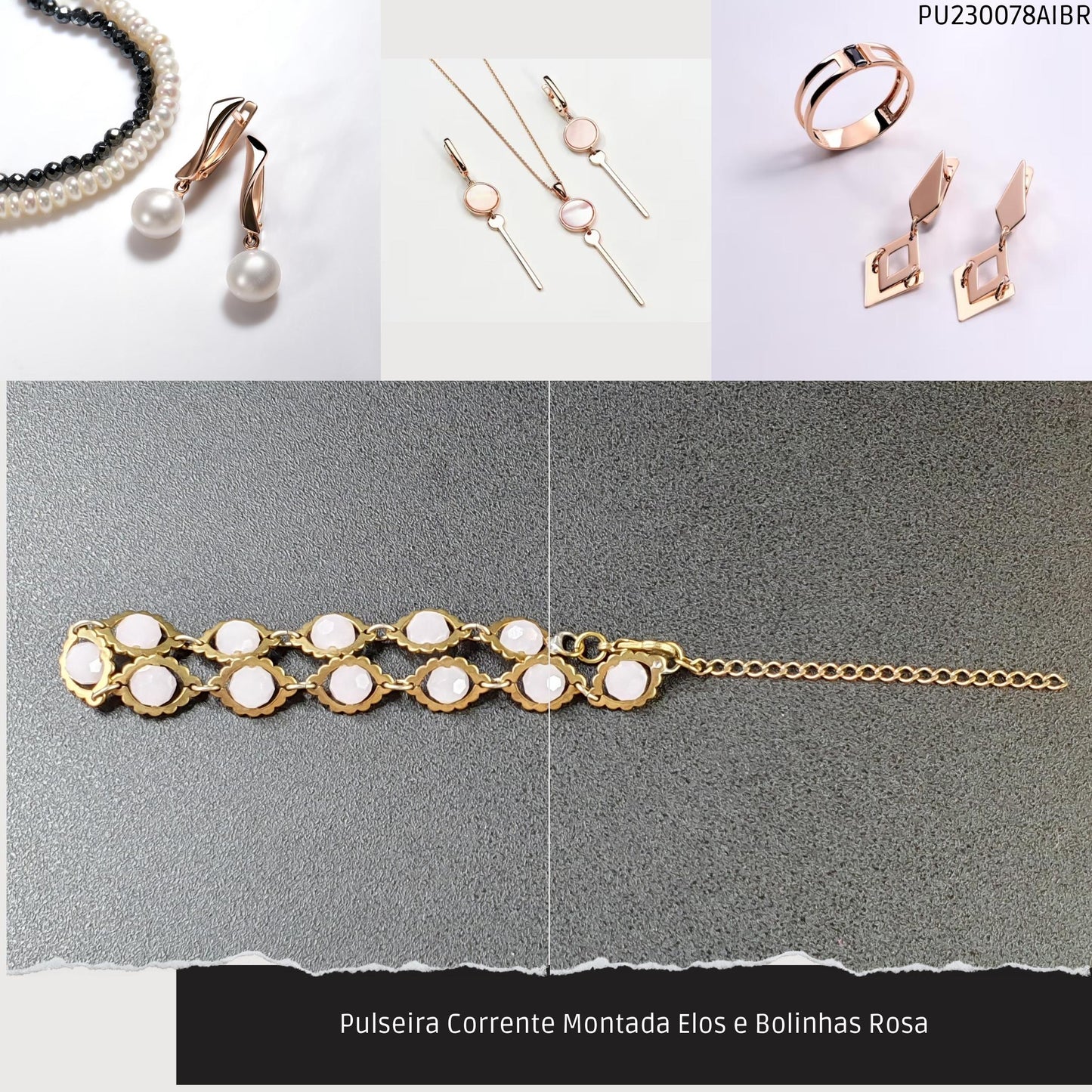 Pulseira Corrente Montada Elos e Bolinhas Rosa  - Código.: PU230078AIBR  - Peso.: 7.9 gr