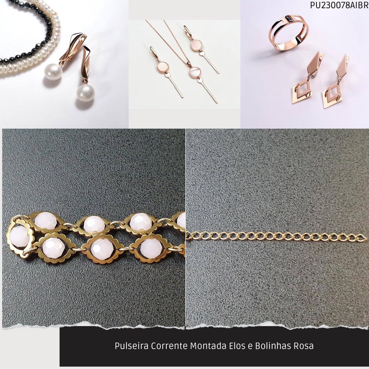 Pulseira Corrente Montada Elos e Bolinhas Rosa  - Código.: PU230078AIBR  - Peso.: 7.9 gr