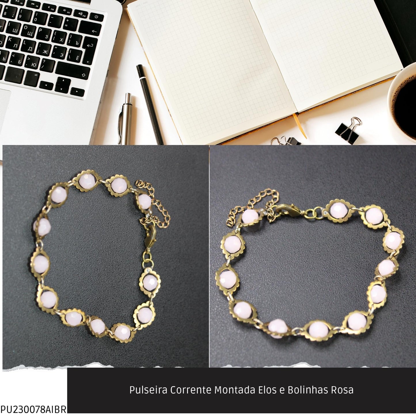 Pulseira Corrente Montada Elos e Bolinhas Rosa  - Código.: PU230078AIBR  - Peso.: 7.9 gr