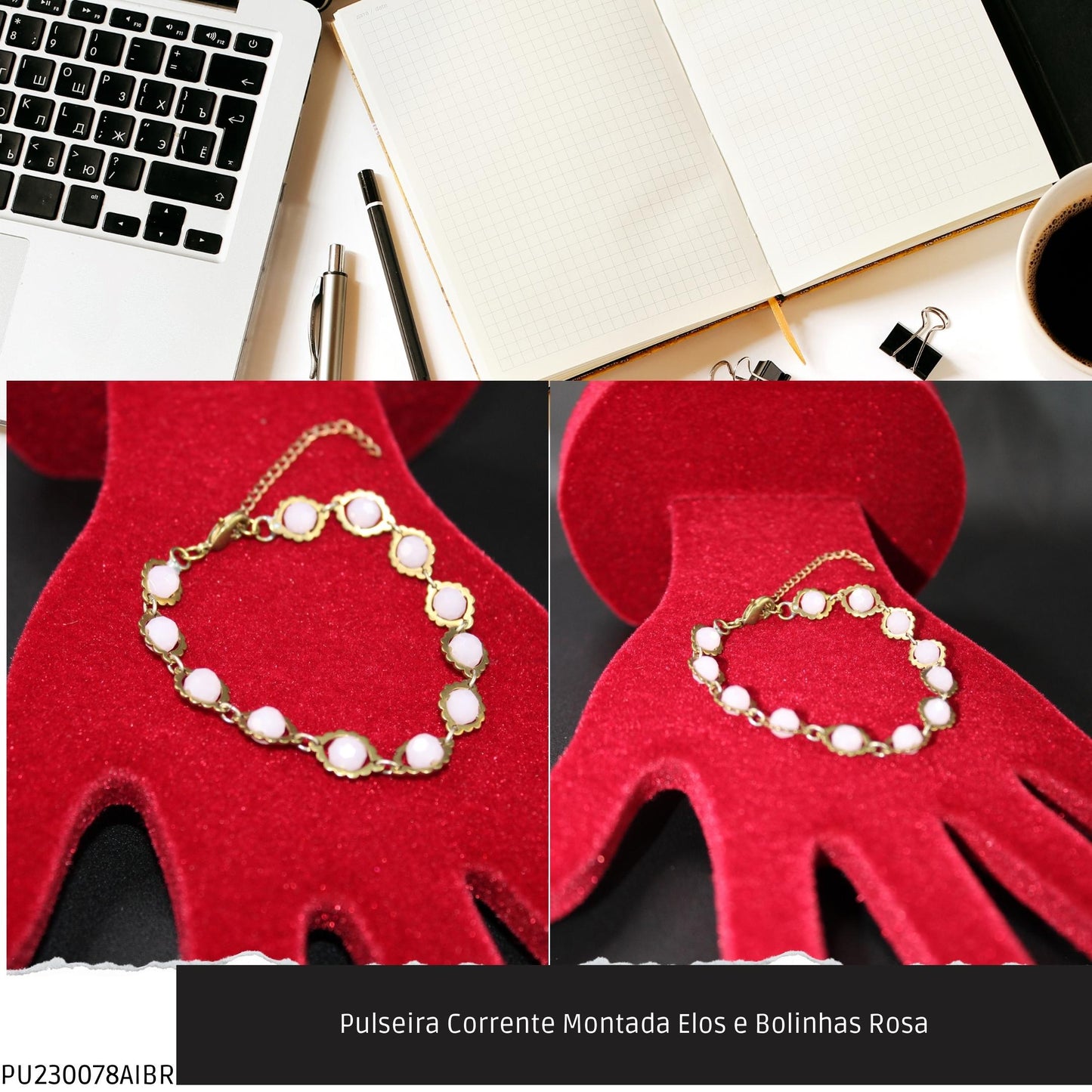 Pulseira Corrente Montada Elos e Bolinhas Rosa  - Código.: PU230078AIBR  - Peso.: 7.9 gr