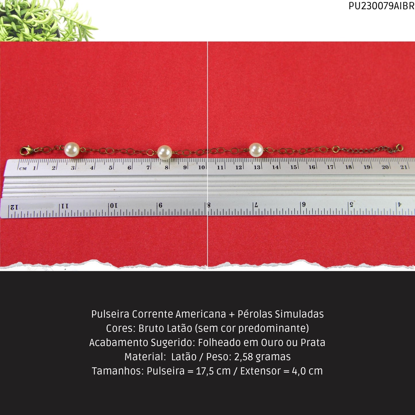 Pulseira Corrente Americana + Pérolas Simuladas  - Código.: PU230079AIBR  - Peso.: 2.6 gr