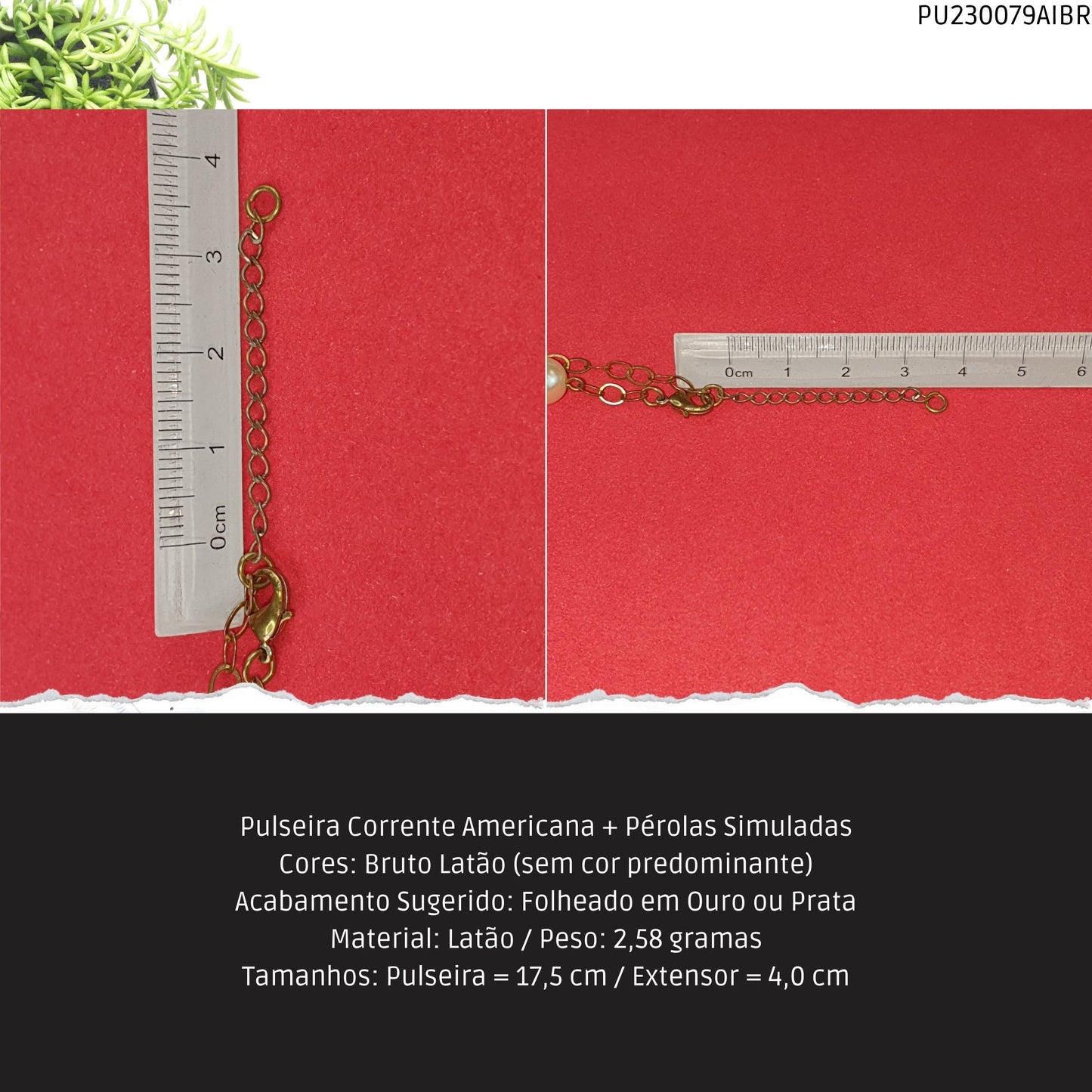 Pulseira Corrente Americana + Pérolas Simuladas  - Código.: PU230079AIBR  - Peso.: 2.6 gr