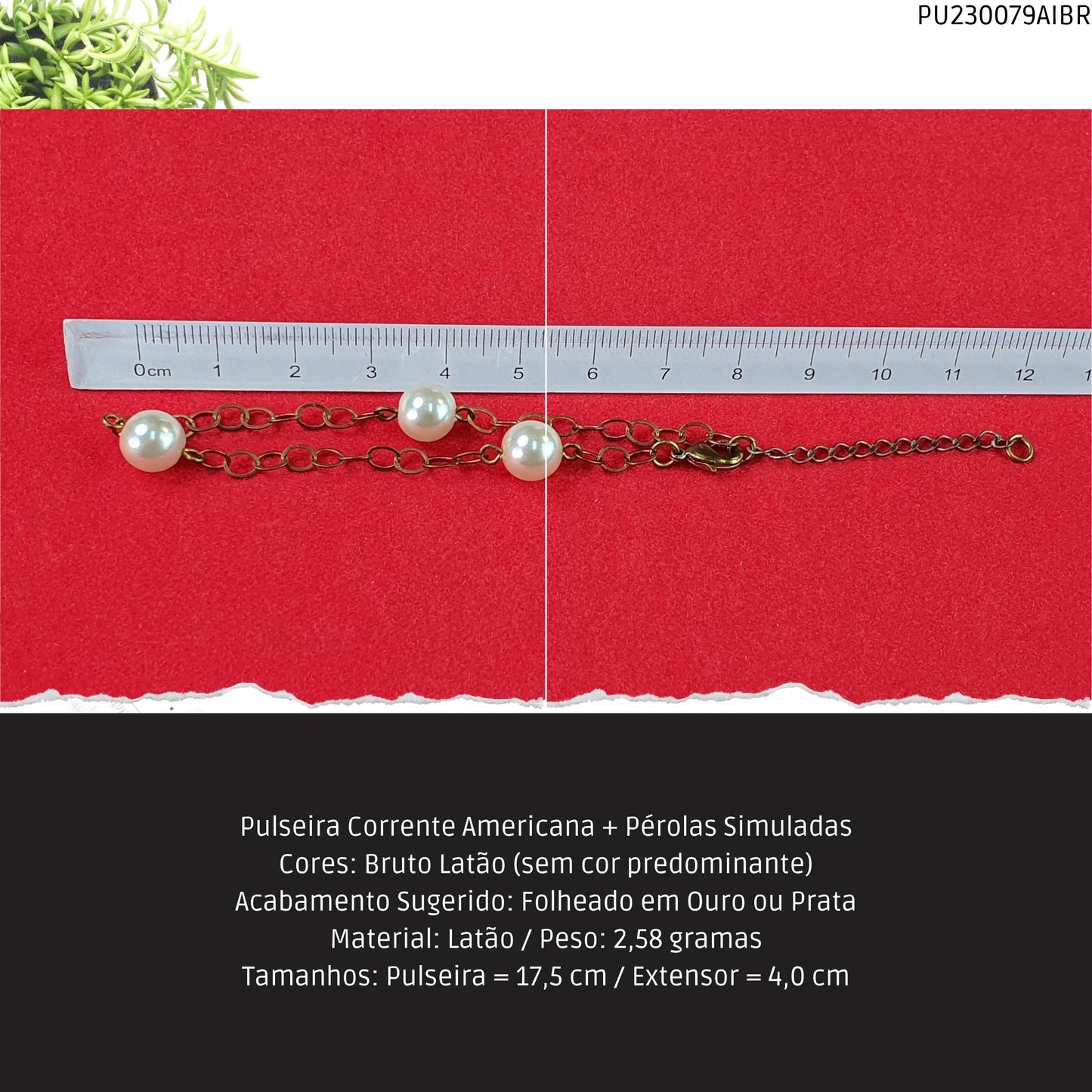 Pulseira Corrente Americana + Pérolas Simuladas  - Código.: PU230079AIBR  - Peso.: 2.6 gr