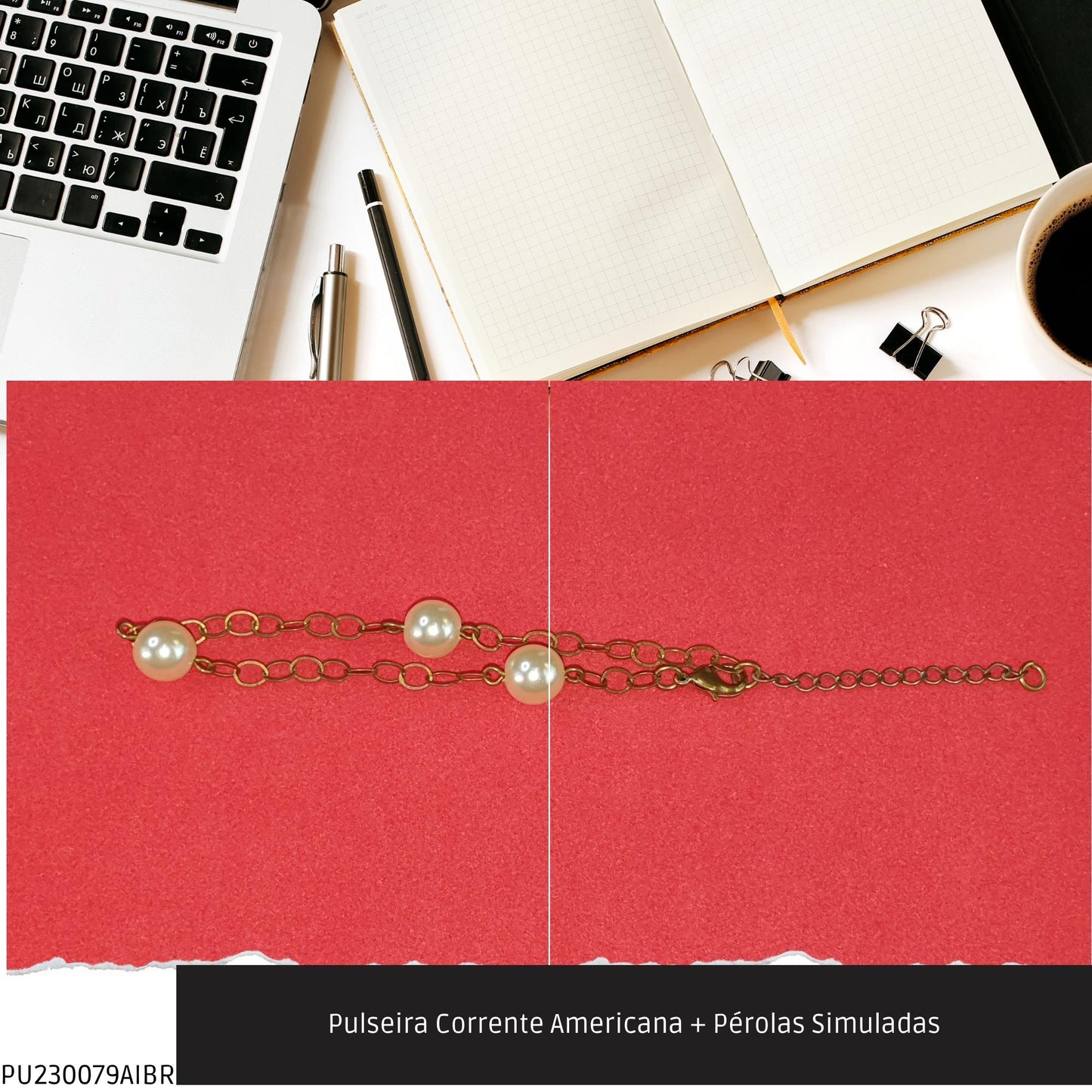 Pulseira Corrente Americana + Pérolas Simuladas  - Código.: PU230079AIBR  - Peso.: 2.6 gr