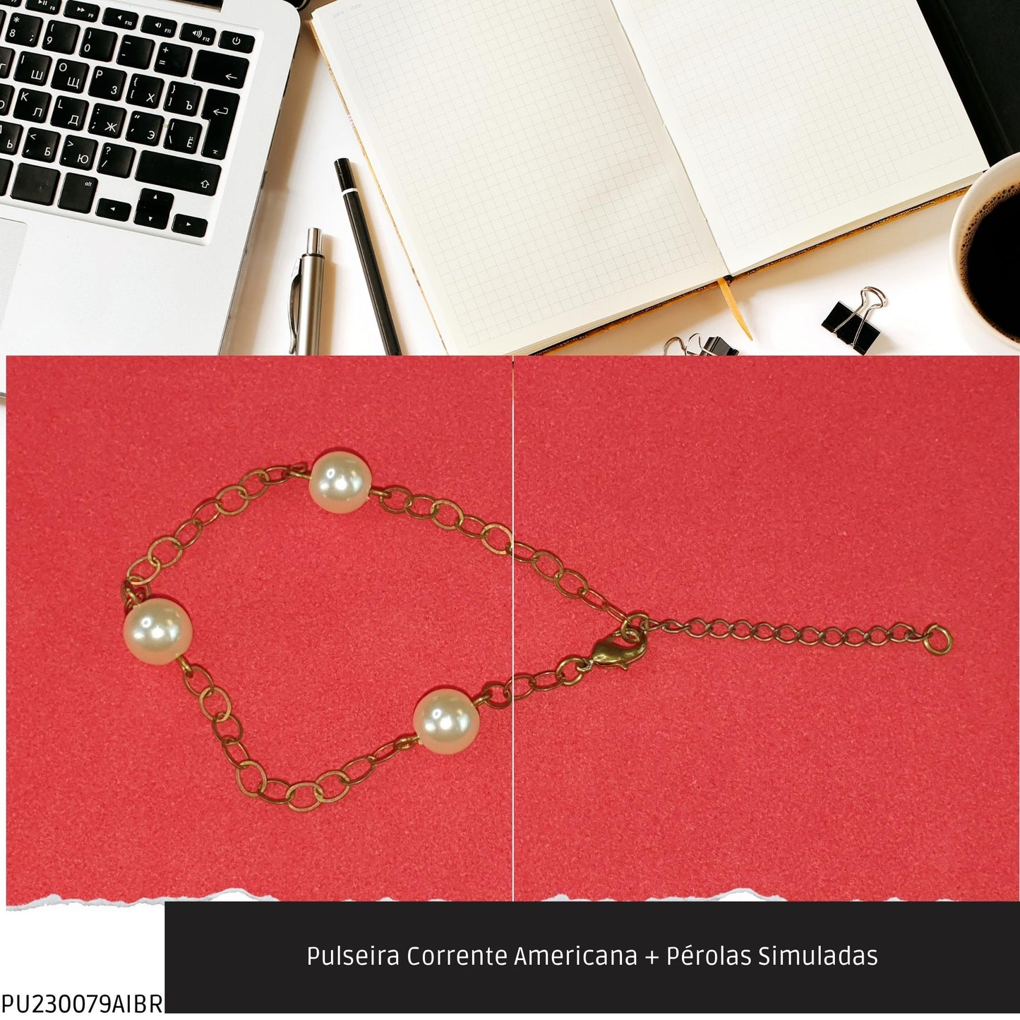 Pulseira Corrente Americana + Pérolas Simuladas  - Código.: PU230079AIBR  - Peso.: 2.6 gr