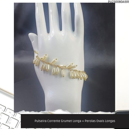 Pulseira Corrente Grumet Longa + Perolas Ovais Longas  - Código.: PU230080AIBR  - Peso.: 8.6 gr