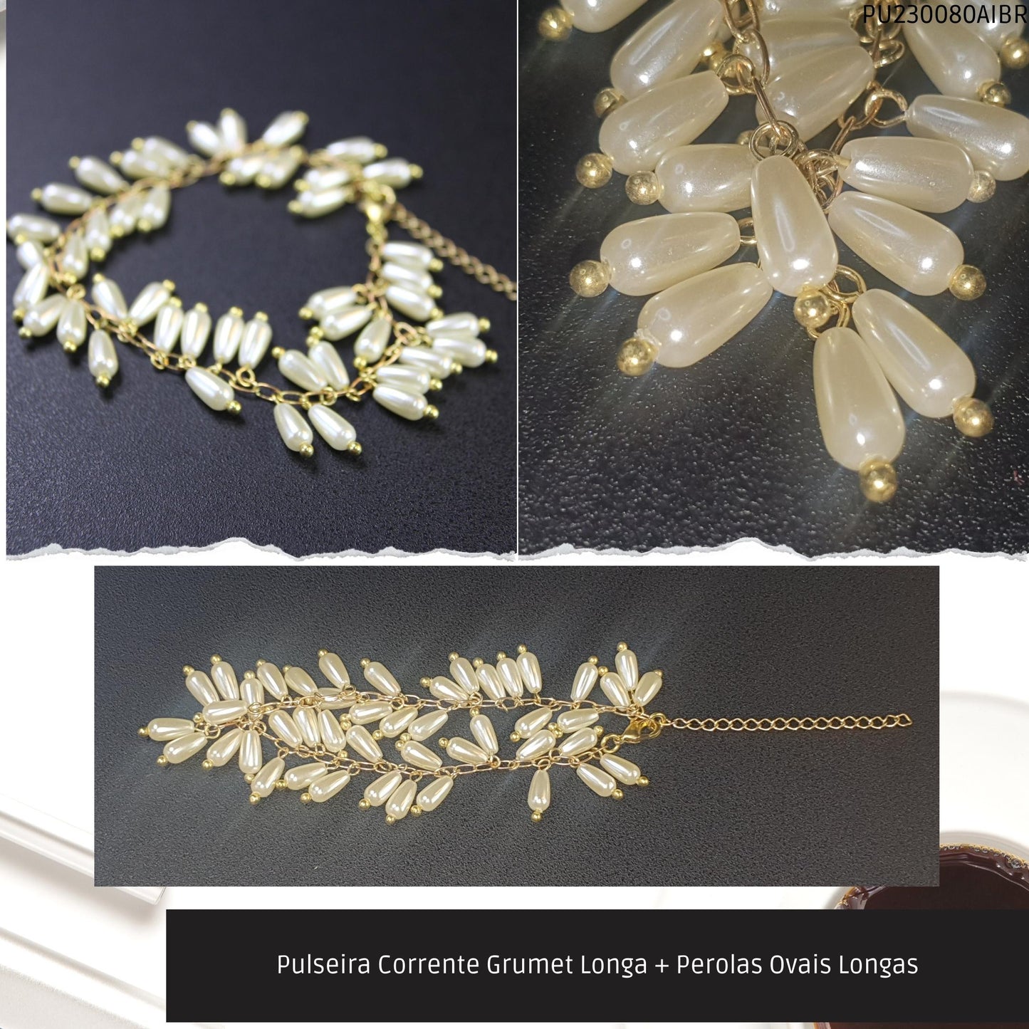 Pulseira Corrente Grumet Longa + Perolas Ovais Longas  - Código.: PU230080AIBR  - Peso.: 8.6 gr