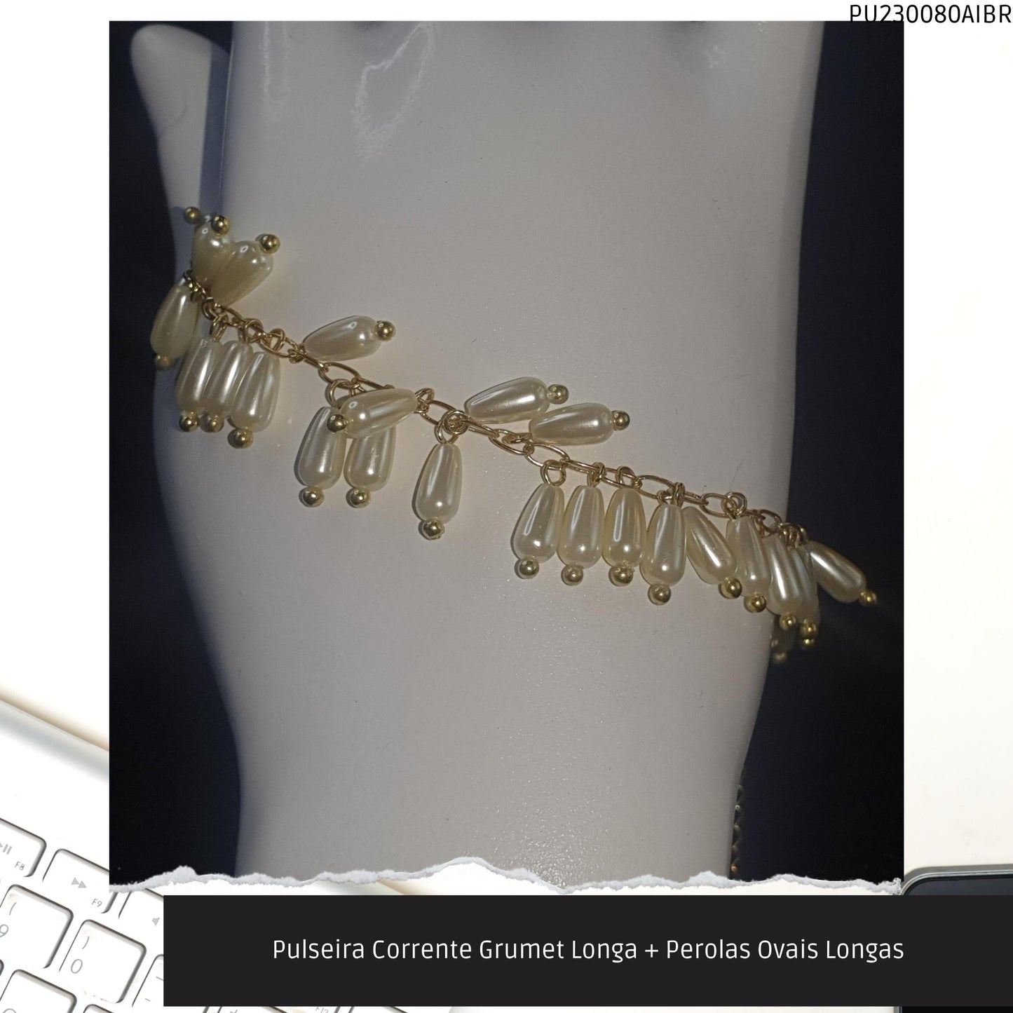 Pulseira Corrente Grumet Longa + Perolas Ovais Longas  - Código.: PU230080AIBR  - Peso.: 8.6 gr