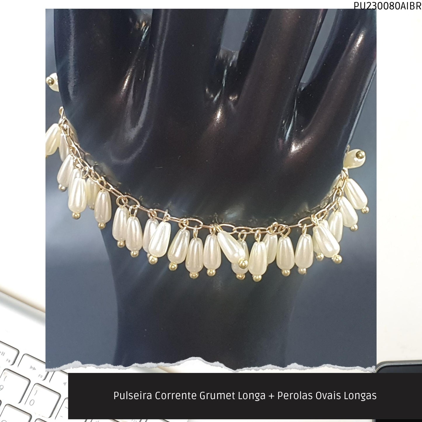 Pulseira Corrente Grumet Longa + Perolas Ovais Longas  - Código.: PU230080AIBR  - Peso.: 8.6 gr