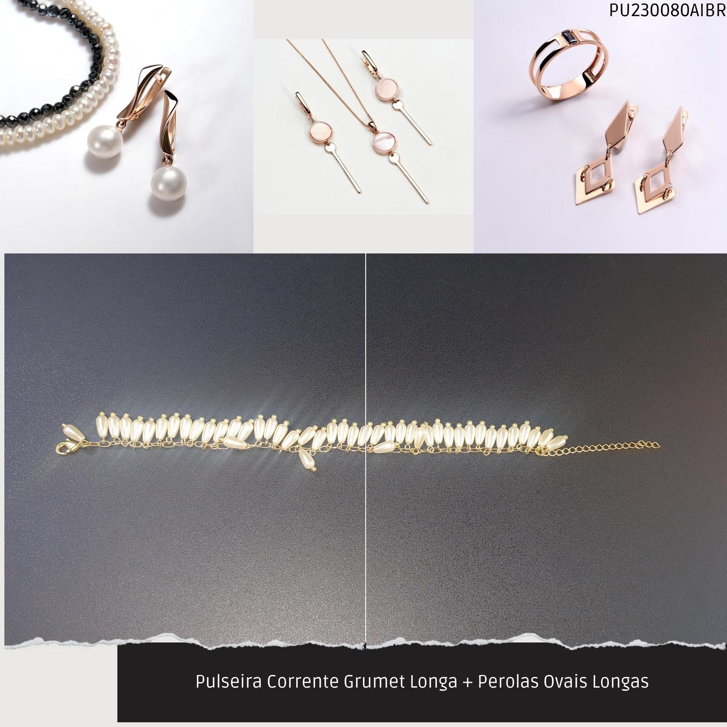 Pulseira Corrente Grumet Longa + Perolas Ovais Longas  - Código.: PU230080AIBR  - Peso.: 8.6 gr