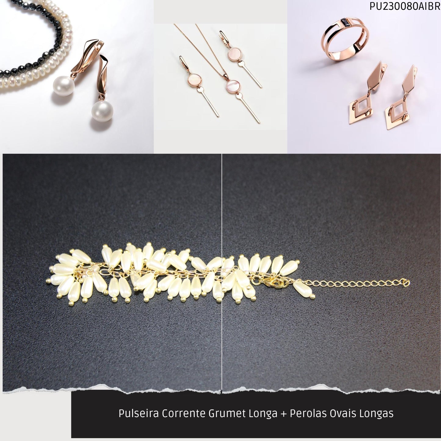 Pulseira Corrente Grumet Longa + Perolas Ovais Longas  - Código.: PU230080AIBR  - Peso.: 8.6 gr