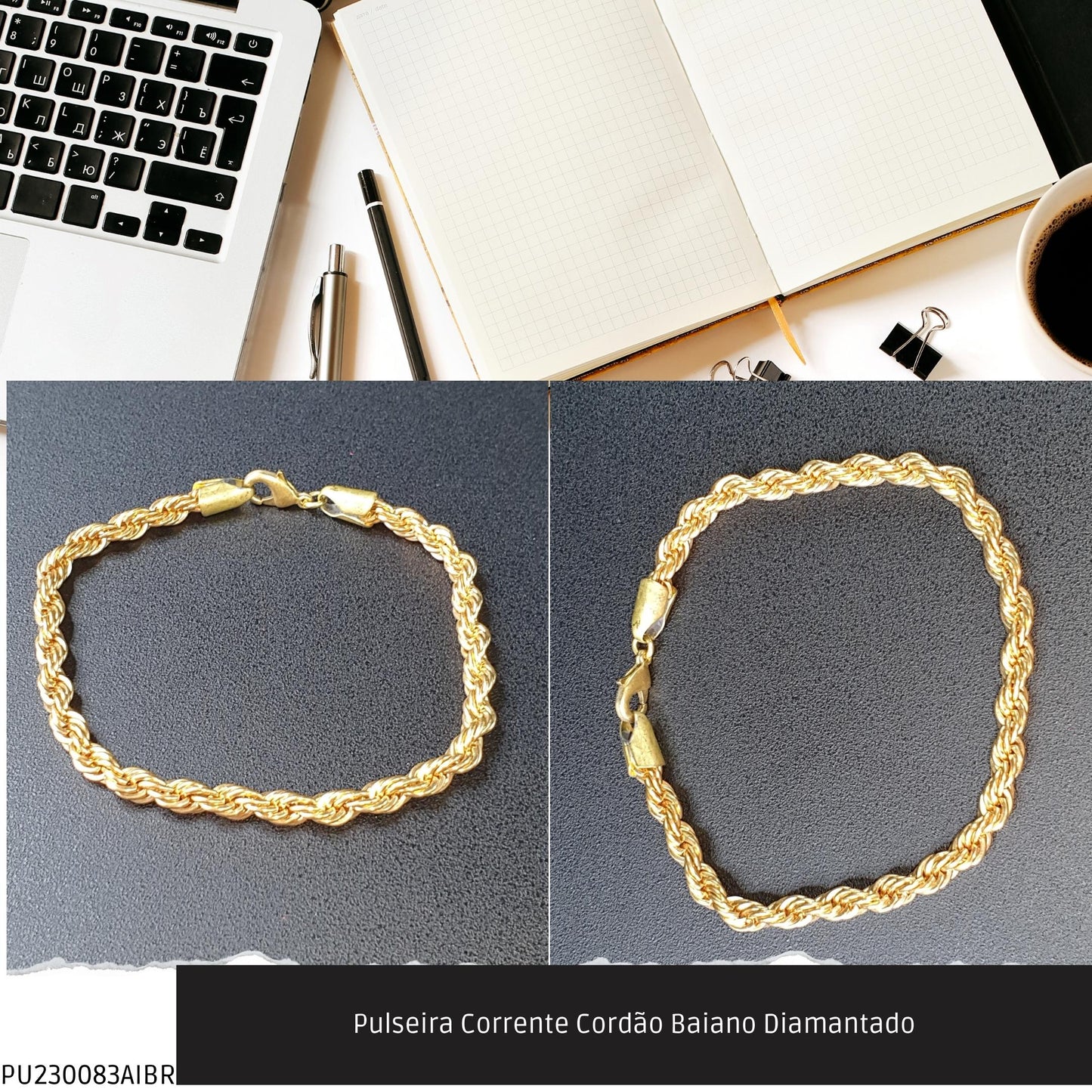 Pulseira Corrente Cordão Baiano Diamantado  - Código.: PU230083AIBR  - Peso.: 13.6 gr