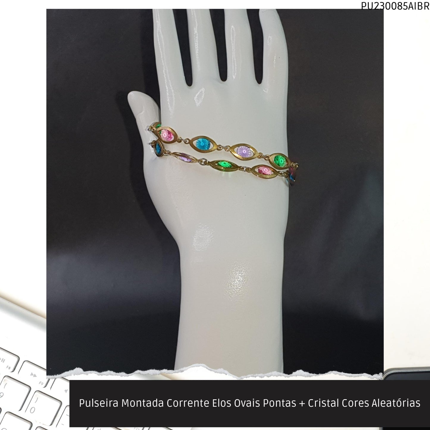 Pulseira Montada Corrente Elos Ovais Pontas + Cristal Cores Aleatórias  - Código.: PU230085AIBR  - Peso.: 8.2 gr