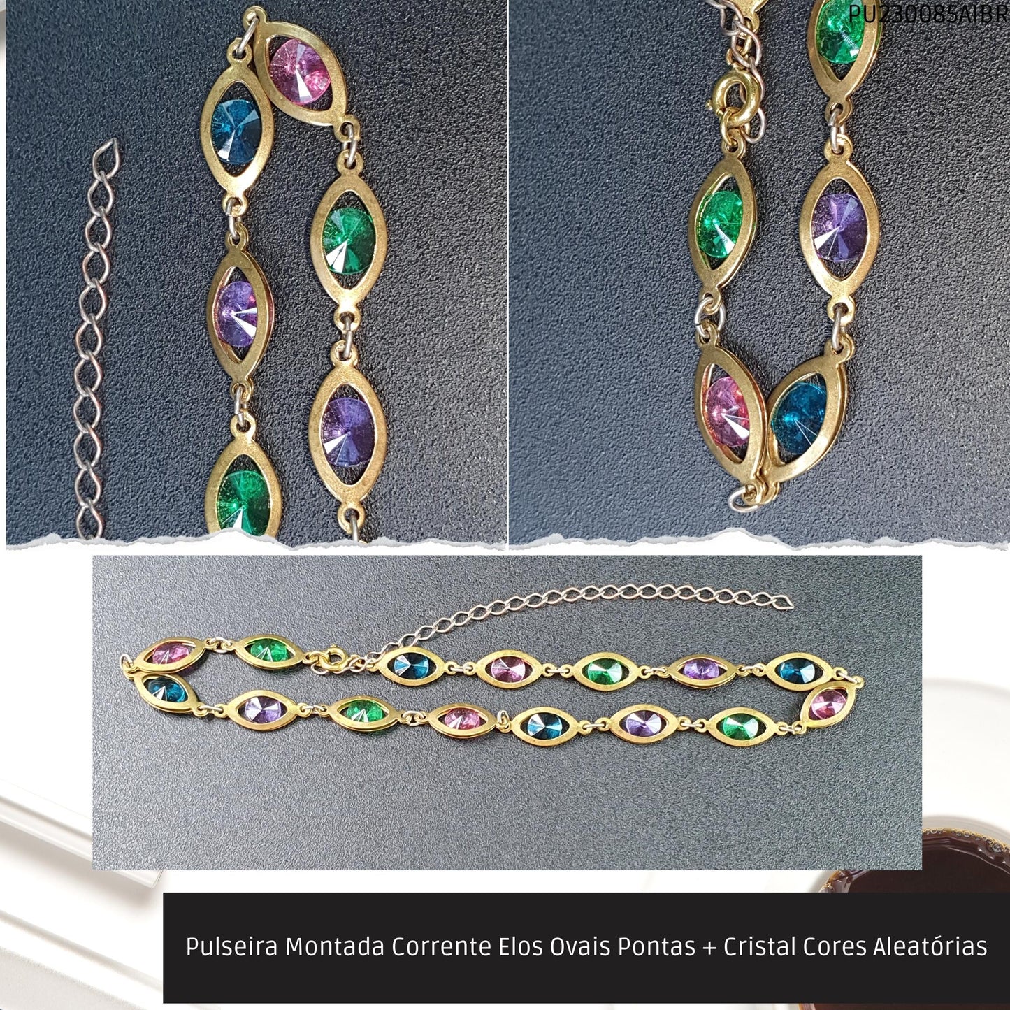 Pulseira Montada Corrente Elos Ovais Pontas + Cristal Cores Aleatórias  - Código.: PU230085AIBR  - Peso.: 8.2 gr