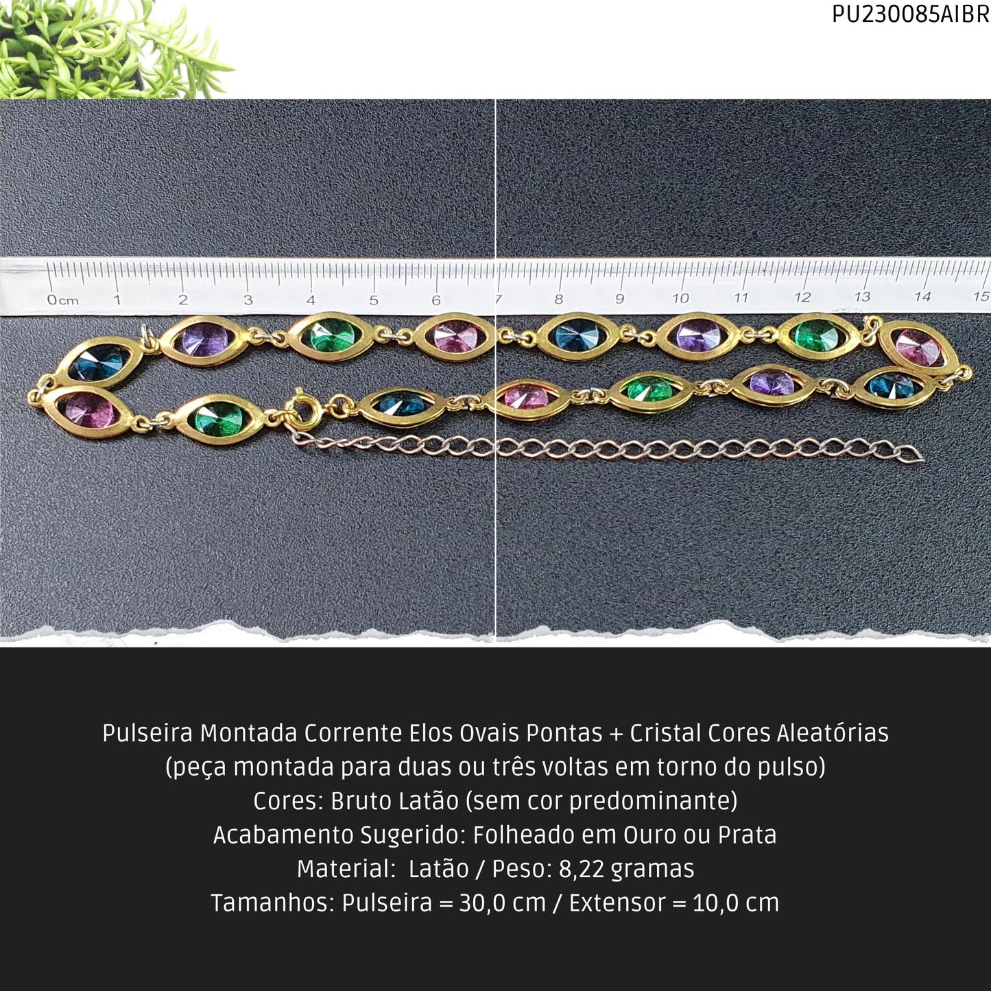 Pulseira Montada Corrente Elos Ovais Pontas + Cristal Cores Aleatórias  - Código.: PU230085AIBR  - Peso.: 8.2 gr