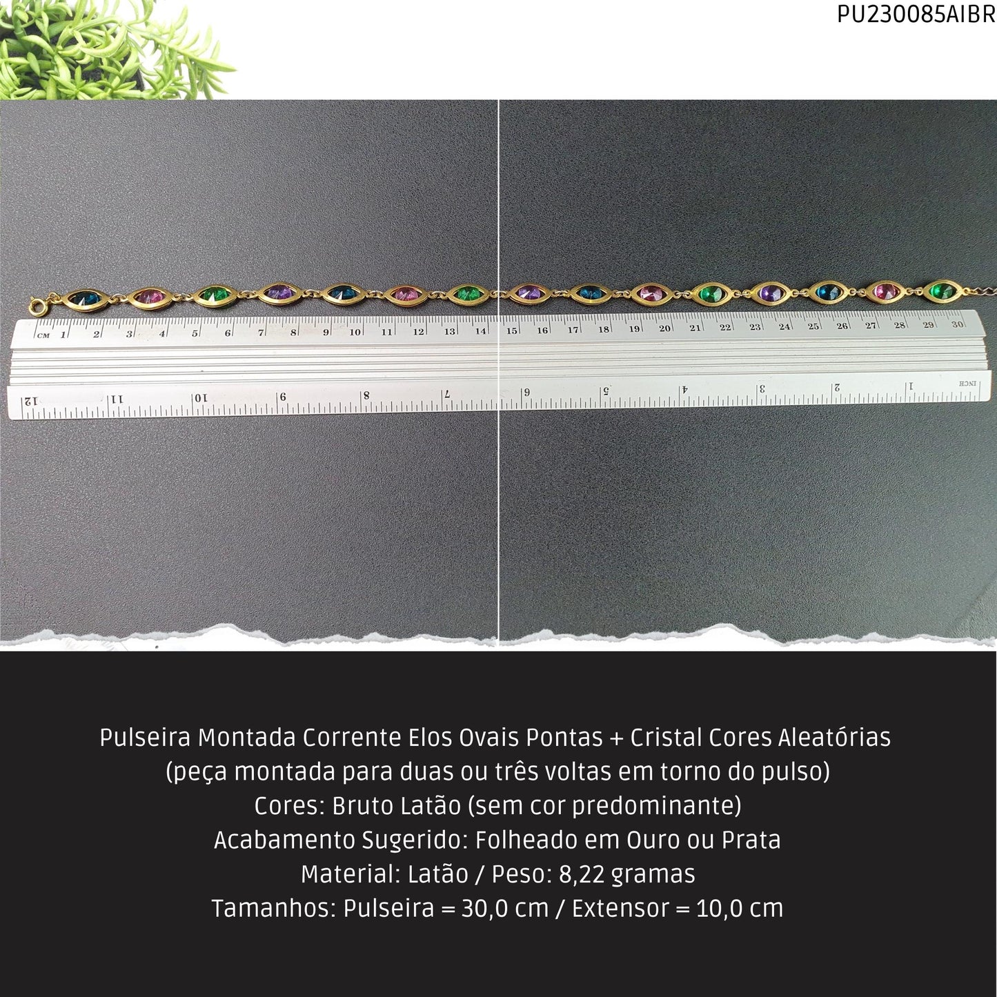 Pulseira Montada Corrente Elos Ovais Pontas + Cristal Cores Aleatórias  - Código.: PU230085AIBR  - Peso.: 8.2 gr