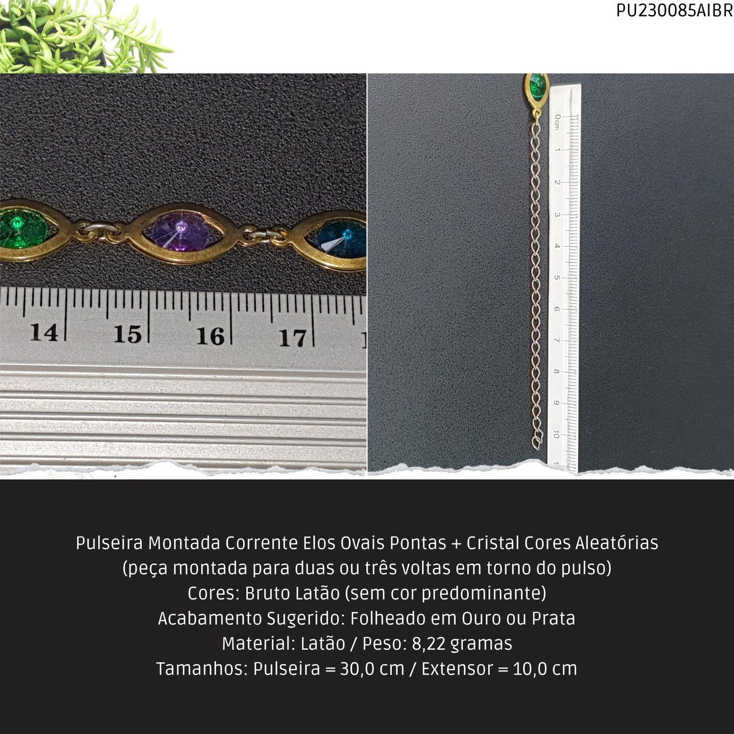 Pulseira Montada Corrente Elos Ovais Pontas + Cristal Cores Aleatórias  - Código.: PU230085AIBR  - Peso.: 8.2 gr