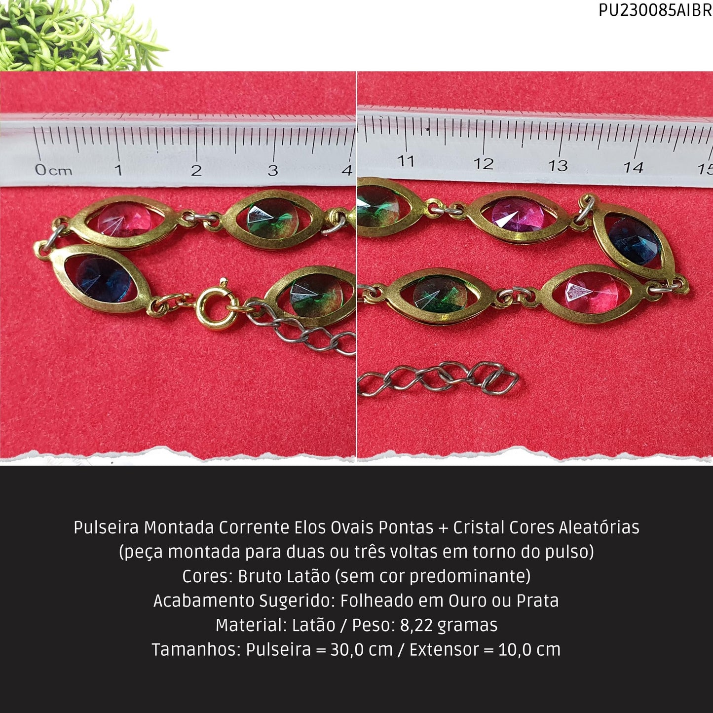Pulseira Montada Corrente Elos Ovais Pontas + Cristal Cores Aleatórias  - Código.: PU230085AIBR  - Peso.: 8.2 gr