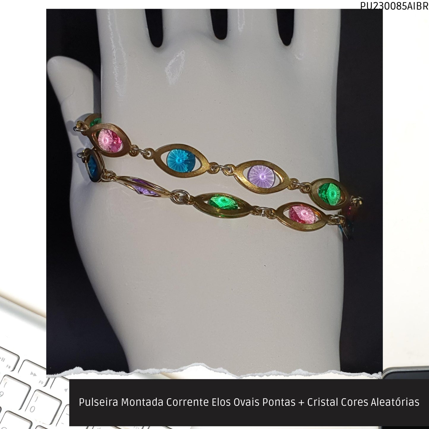 Pulseira Montada Corrente Elos Ovais Pontas + Cristal Cores Aleatórias  - Código.: PU230085AIBR  - Peso.: 8.2 gr